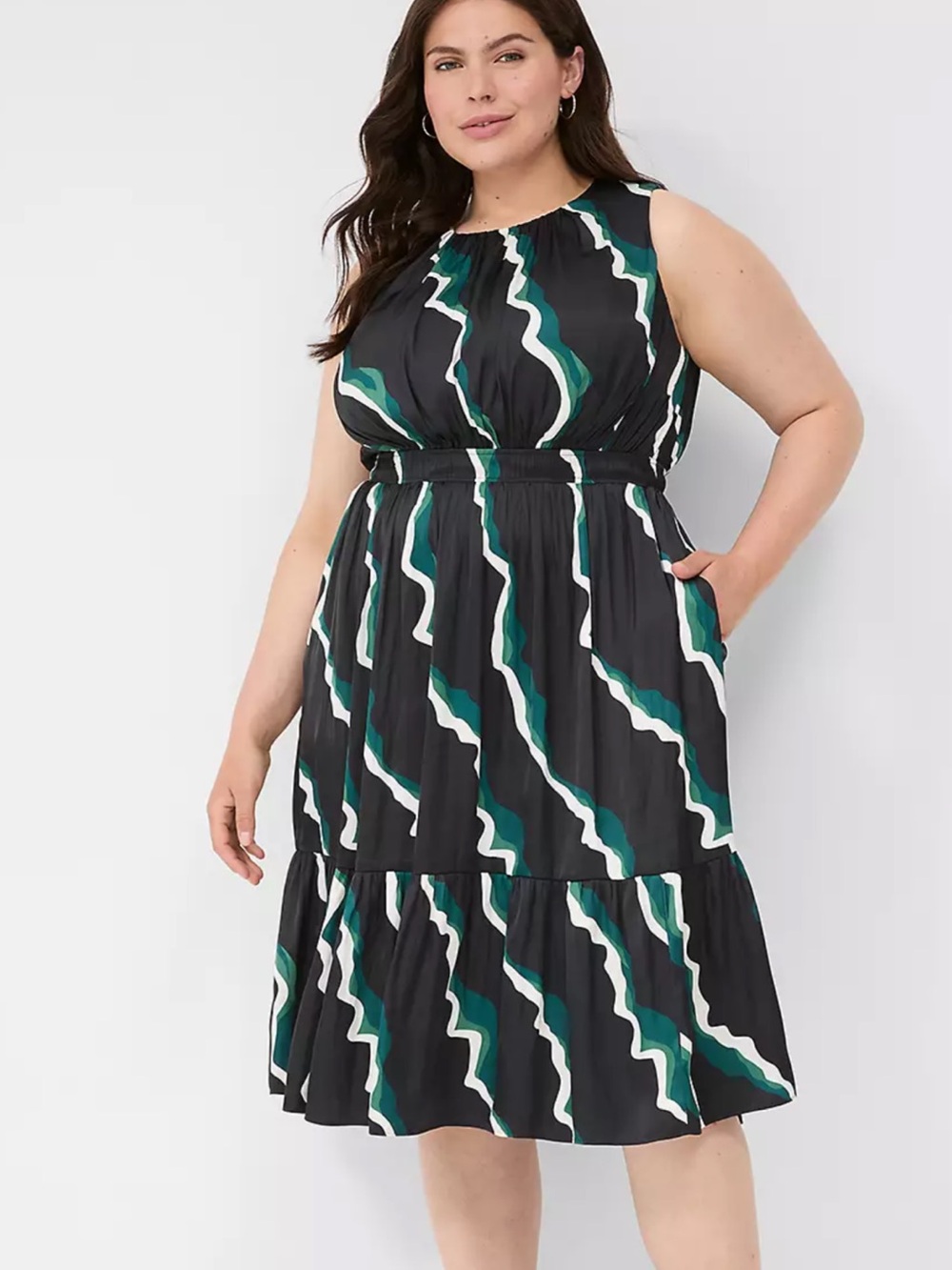 Lane Bryant Black Midi Dress with Green & White Wave Pattern